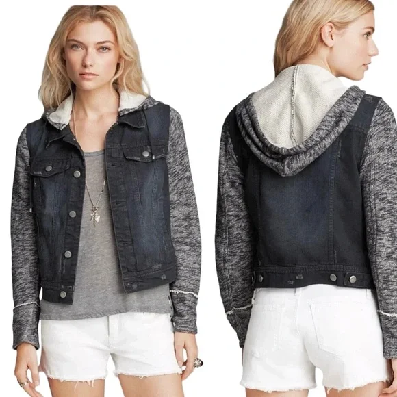 FP Throwback Distressed Denim Jacket Removable Hood Indie Grunge Black Large - Picture 2 of 8